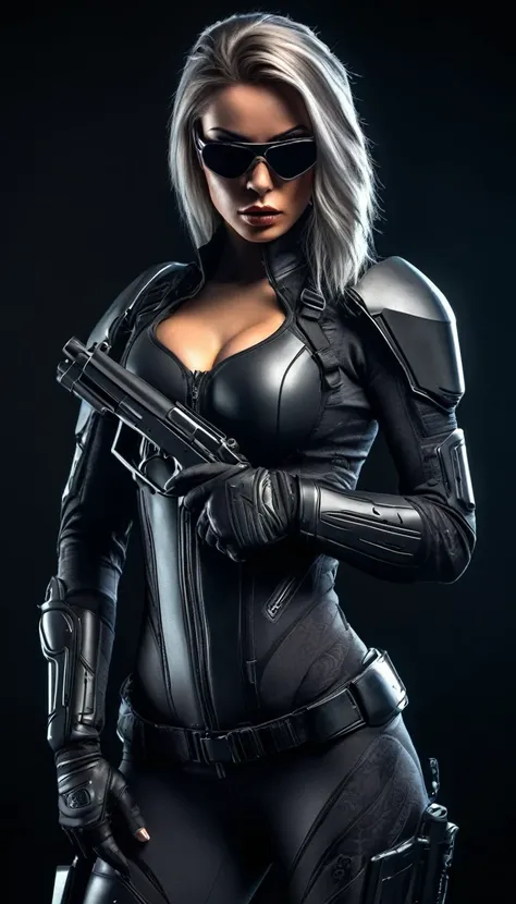 Beautiful and fit female warrior, holding a gun, wearing a tight dark gray combat stealth suit, comfortable and stretchy nylon fabric, cyberpunk, gothic style, in the style of Amanda Sage, wearing sunglasses and a helmet, (Best Quality, 4K, 8K, High Resolu...