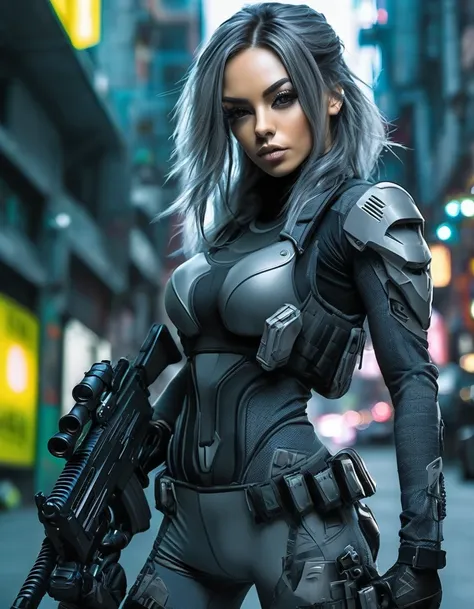 beautiful soldier with gun，fitness，wearing tight grey combat night suit，combat uniforms are tight and comfortable，cyberpunk，goth...