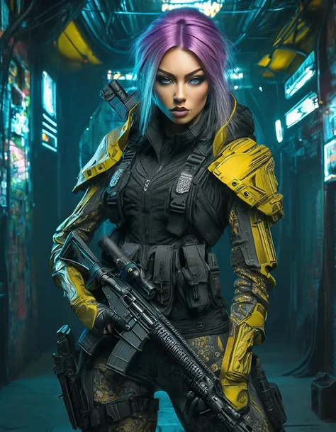 beautiful soldier with gun，tight combat clothing，cyberpunk，gothic，in style of amanda sage