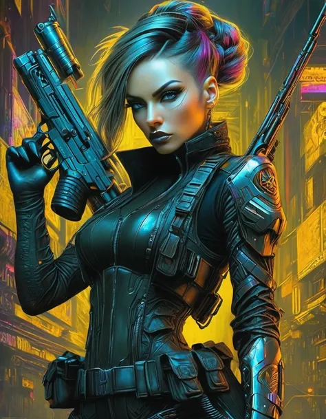 beautiful soldier with gun，tight combat clothing，cyberpunk，gothic，in style of amanda sage