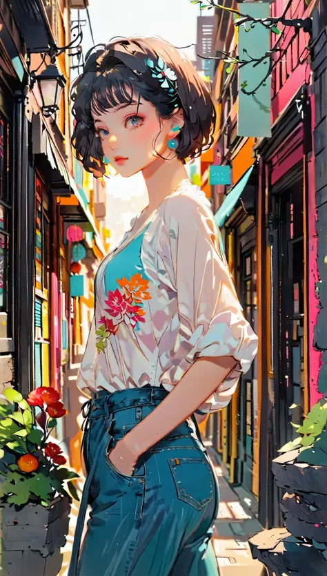 (((paper cutting style))), 1 girl, short black hair, shirts and denim, portfolio, walking through a vibrant cityscape