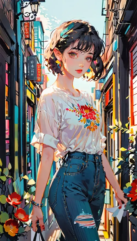 (((paper cutting style))), 1 girl, short black hair, shirts and denim, portfolio, walking through a vibrant cityscape