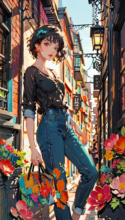 (((paper cutting style))), 1 girl, short black hair, shirts and denim, portfolio, walking through a vibrant cityscape