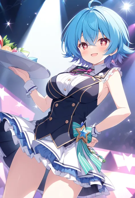 MIYAUCHINOZOMI, BLUE HAIR, HAIR BETWEEN EYES, SHORT HAIR, RED EYES, STAR-SHAPED PUPILS,, large breasts,, Live Stage, solo