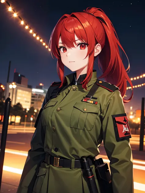 1girl,red hair,ponytail,Army uniform, standing in the park, night, red eyes, Ultra detail, Ultra HD, masterpiece 