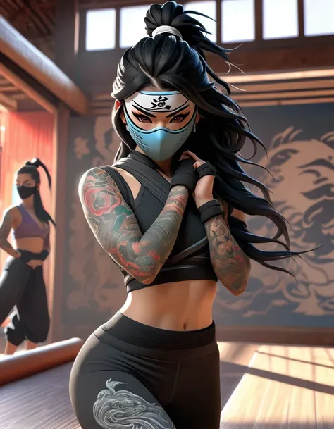 a masked female ninja doing yoga standing pose in a yoga classroom,full body,dva figure,ibuki, yakuza tattoos, , by jason felix,...