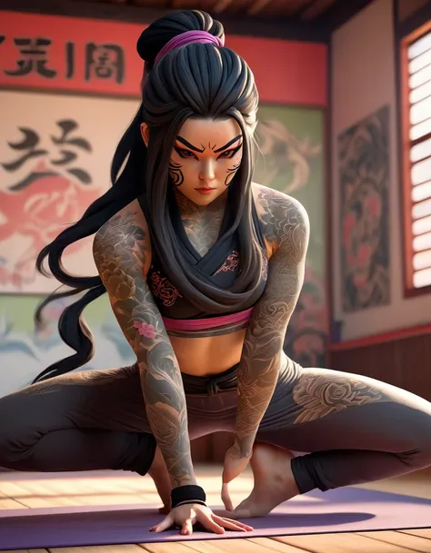 a masked female ninja doing yoga standing pose in a yoga classroom,full body,Dva figure,ibuki, yakuza tattoos, , by Jason Felix, featured on zbrush central, photorealism, ninja outfit, , intense stare, intricate stitching, long black hair 