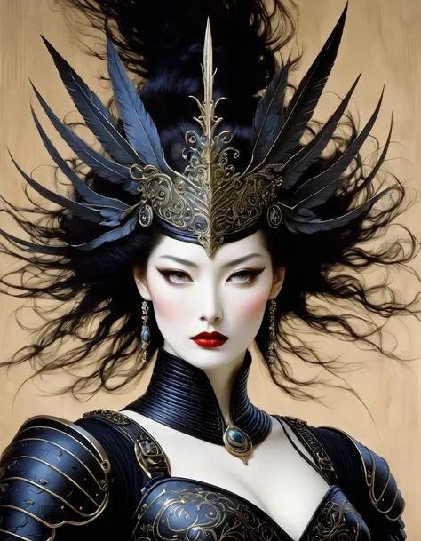 Avant-garde and elegant female warrior in tight combat uniform，Serge Lutens is known for his avant-garde elegance。His works continue to transcend the boundaries of traditional aesthetics，Combining elements of surrealism and futurism，While maintaining elega...