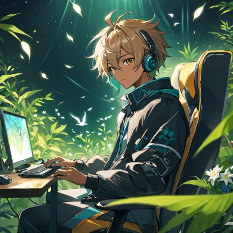 anime - stylish image of a men sitting on a gaming chair and playing computer games, men with tan skin, nightcore, official artw...