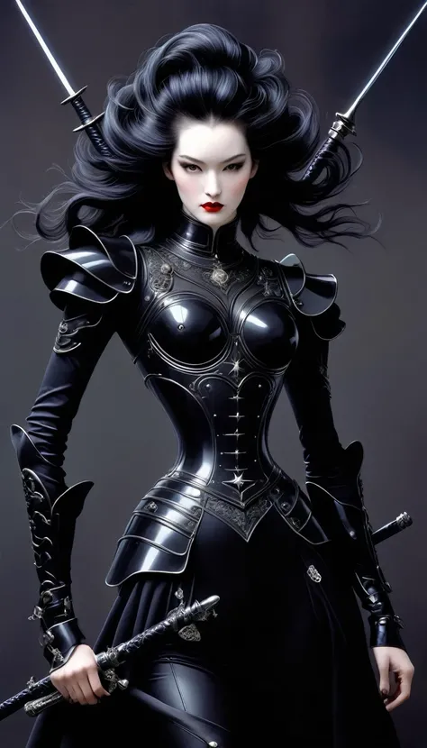 Avant-garde and elegant female warrior in tight combat uniform,(whole body),Serge Lutens is known for his avant-garde elegance。His works continue to transcend the boundaries of traditional aesthetics,Combining elements of surrealism and futurism,While main...