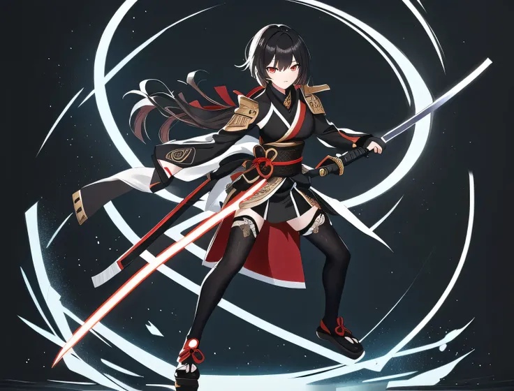 Genshin Impact，Skirmishers，Dark hair，Black ninja costume，Holding a samurai sword，Clogs，Metal accessories，Arms and legs have armor，Ultra-clear