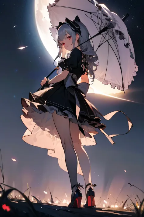 A beautiful gothic lolita girl with silver hair, soft waves, red eyes, wearing a black dress with lots of frills and a mini skirt, knee-high socks, and high heels, standing in a flower garden under a full moon with many stars, holding a frilly parasol and ...