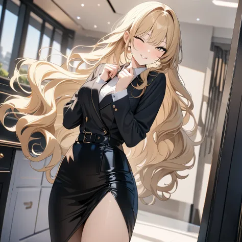 (((masterpiece, highest quality, High resolution,8k))),(((Tight Skirt))),High heels,Blonde,wavy hair,Long Hair,career woman,Model pose,((((Wink)))),smile