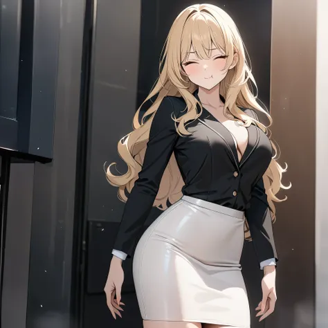 (((masterpiece, highest quality, High resolution,8k))),(((Tight Skirt))),High heels,Blonde,wavy hair,Long Hair,career woman,Model pose,(pout,smile),cowboy shot,((((Close ~ eyes))))