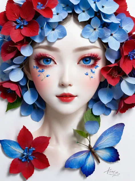 Hydrangea Flower Crafts, A female fairy made of red and blue flowers, Beautiful Face、Beautiful Eyes、 Hydrangea、petal、Portraiture, White canvas background、Ultra high definition