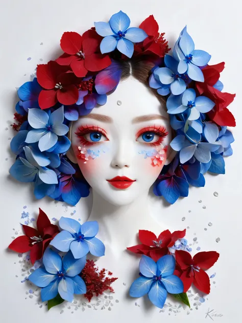 Hydrangea Flower Crafts, A female fairy made of red and blue flowers, Gradient colors、 Beautiful Face、Beautiful Eyes、 Hydrangea、petal、Portraiture, White canvas background、Ultra high definition