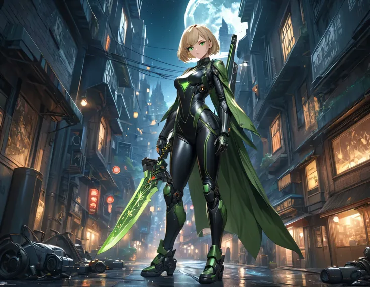 high details, best quality, 16k, [ultra detailed], masterpiece, best quality, (extremely detailed), full body, ultra wide shot, photorealistic, a picture of a woman assassin ready to combat in a dark alley, she holds a sword in hand, exquisite beautiful wo...