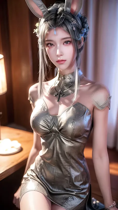 Close-up：A woman wearing bunny ears and a skirt，Beautiful anime CGI art，Realistic anime girl rendering，Realistic anime 3D style，Beautiful fantasy queen。