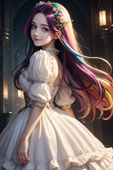masterpiece, best quality, hyper detailed, beautiful, woman, Abstract, hopeful, smiling, looking back, long hair, multicolored hair, with sparkling eyes, big eyes, pale skin, frilled clothing, cute face, fantasy, full body shot