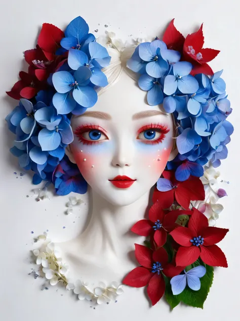 Hydrangea Flower Crafts, A girl fairy made of red and blue flowers, Gradient colors、 Beautiful Face、Beautiful Eyes、 Hydrangea、petal、Portraiture, White canvas background、Ultra high definition、(fall leaf craft:1.2),