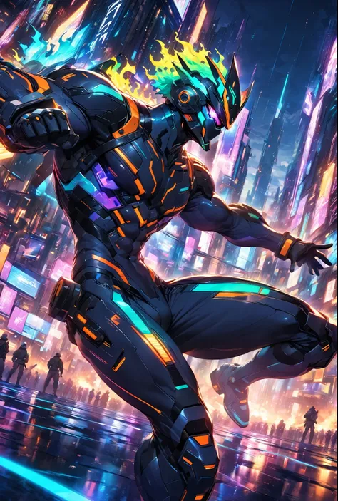 "a handsome man wearing a sleek, body-hugging combat suit in a cyberpunk setting. the suit is crafted from high-durability, ligh...