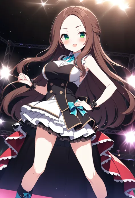 nanjoukumiko, brown hair, brown hair, forehead, long hair, green eyes, large breasts,, live stage, solo