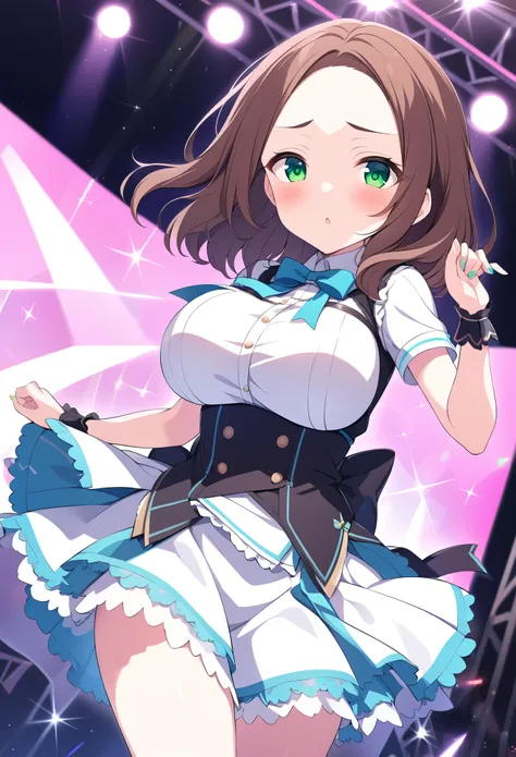 nanjoukumiko, brown hair, brown hair, forehead, Medium hair, green eyes, large breasts,, Live Stage, solo