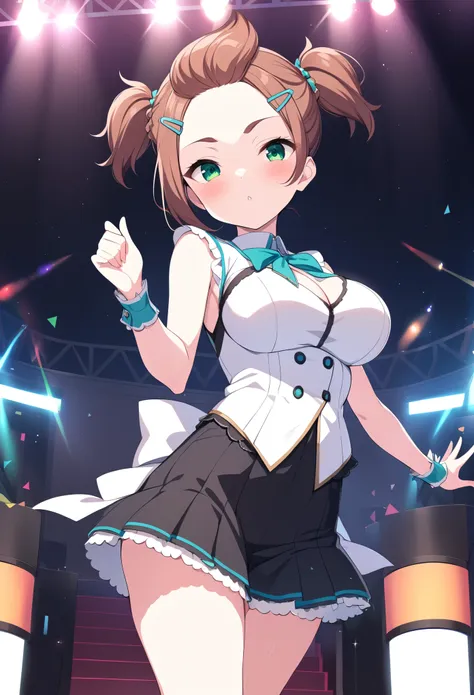 nanjoukumiko, brown hair, short twintails, bangs pinned back, hairclip, short hair, green eyes, large breasts,, live stage, solo