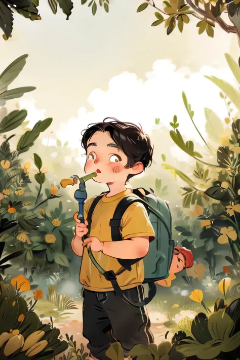 1 little boy, backpack on back, holding watering can, watering plants, detailed face, beautiful detailed eyes, beautiful detaile...