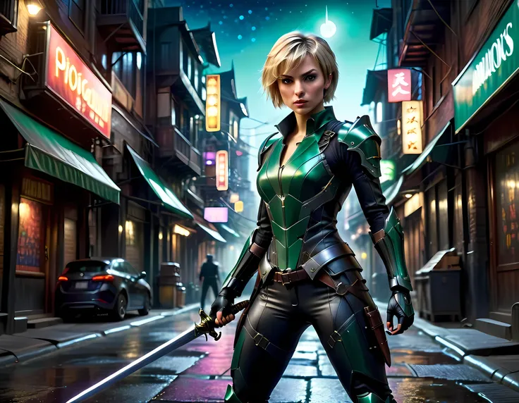 high details, best quality, 16k, [ultra detailed], masterpiece, best quality, (extremely detailed), full body, ultra wide shot, photorealistic, a picture of a woman assassin ready to combat in a dark alley, she holds a sword in hand, exquisite beautiful wo...