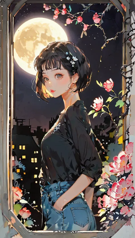 (((paper cutting style))), 1 girl, short black short hair, bob, shirts and denim, portfolio, full moon illuminating the background