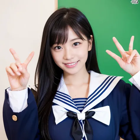 女の子1 person, alone, highest quality, 8k, Japanese women photos, 17 years old, kindergarten teacher, 長くてストレートなBlack Hair,, ((plump)), ((Big Breasts)),Sailor suit,Sailor suit,, The best smile,Grow eyes,  Shining happiness, Caring personality, Sweet feminine ...