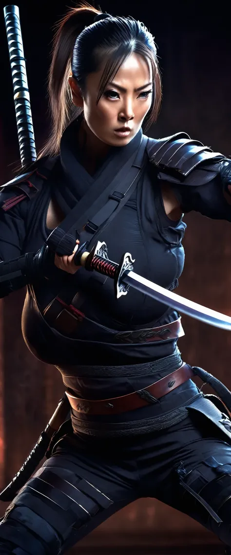 A lovely lady ninja in a tight darkly colored combat suit, highly detailed face, piercing eyes, cute nose and lips, long eyelashes, elegant ponytail, variety of bladed weapons, katana, kunai, shuriken, lurking in the shadows, stealthy movements, seeking ta...