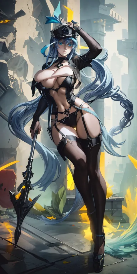 Esdeath, breasts, long hair, blue hair, blue eyes, hat, solo, very long hair, peaked cap, anatomically correct, heavy breathing, mature female, 1girl, covered navel, breasts, solo, full_body, weapon, standing, jewelry, black_bodysuit, bodysuit, large_breas...