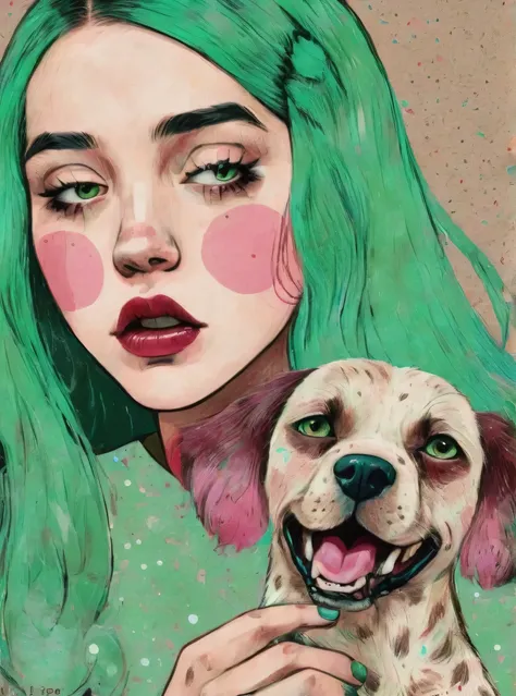 Brown and green hair、A beautiful girl and her dog on a taupe speckled alizarin and ruby background, (Close-up:1.2)、 Conrad Rosette, Digital Portrait, Highly detailed painting, Pop Art, Pop Surrealism , pop surrealism、Yawning、
pop art
drawing
painting