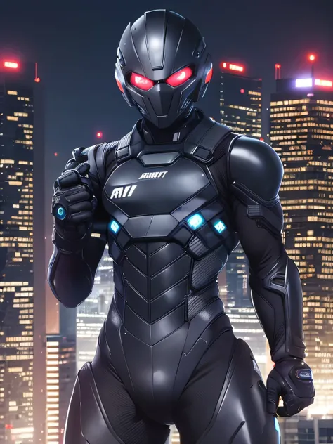 GANTZ costume, extremely tight black Full Body Combat Suit, (Aim the gun), Black helmet, Black gloves, Action pose, skyscraper roof, overlooking a city, detailed background, ((nighttime, darkness, low light pollution)),