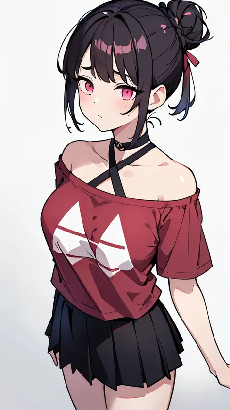 (Girl1,triangle face,pink eyes),(black hair,messy bun hairstyle),(red t-shirt off-the-shoulder neckline,mini skirt),standing,white wallpaper,Highly detailed ,8K wallpapers،Highest quality, high resolution, beautiful lighting, detailed shadow,high resolutio...