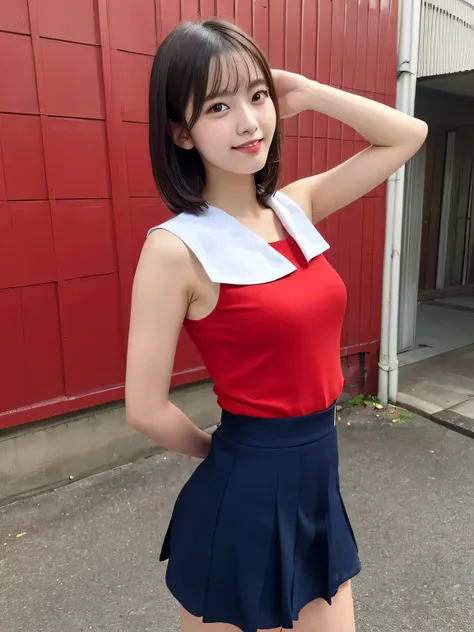 In detail,Full body photo、One high school girl、High resolution, high quality、Slim body、Perfect dynamic composition, Beautiful fine details, Short Hair、Natural color lip,Kamimei、15-year-old girl、Clear Skin、Sleeveless red sailor suit、Navy blue mini skirt、Thi...