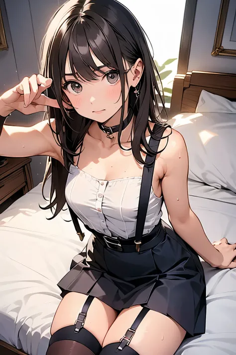 Staring at the audience　　　Black suspenders　　　bulging big breasts　　 　 　　　wall 　mini skirt　garterbelt　garter　　　　　　sight　　　Small face　 　　　holster　　　Beautiful woman　　Show your hand　　 Lying in bed　　sight 　　Taunt　side　side汗 　arm　　belt　summer　Armpit sweat
