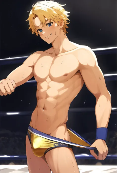 anime male Wrestler in a gold briefie with a blue belt, muscular!!, beef patty pose, Cool anime poses, Wrestler, Makoto, Tall anime man with blue eyes, Artworks by Ryuta Ueda, muscular! fantasy, muscular!, german anger, Male anime characters, gigachad musc...