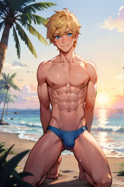 Cartoon man in blue underwear on the beach with palm trees, At the beach上, At the beach, Cool anime poses, At the beach, muscular!!, On the tropical beach, Blonde guy, high resolution committee, Blond boy, Tall anime man with blue eyes, on a sunny beach, S...