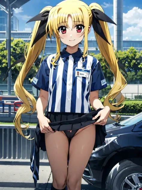 nsfw , Fate Testarossa , lyrical nanoha , (((highres official art))) , (((1girl))) , (((solo))) , (((blondehair))) , (((twintails))) , (((black ribbon))) , best quality, highres, 12yo, lawson uniform, employee uniform, shirt, name tag, short sleeves, strip...