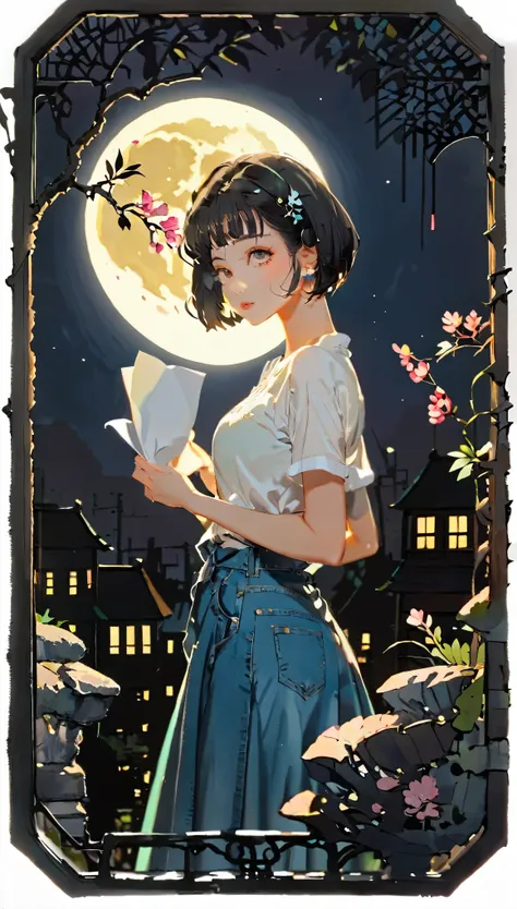 (((paper cutting style))), 1 girl, short black short hair, bob, shirts and denim, portfolio, full moon illuminating the background