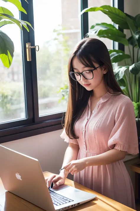 A girl wearing glasses is working on a computer at a table by the window in a bright room。She has long hair and wears a dull pink dress.。The room is bright and has a natural feel.、Decorated with ornamental plants and flowers。I&#39;d like something with a S...