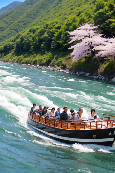 「Hozugawa River Cruise」teeth、This is a tourist activity where you can enjoy the beautiful scenery dotted with rapids and huge rocks.。春teeth桜、Close-up、Splash。