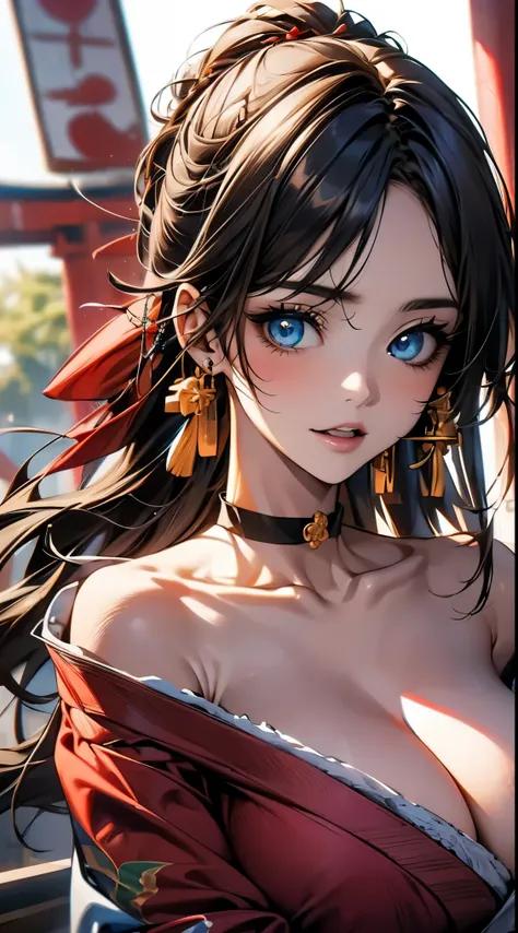 ((Light brown long hair:1.9, Wavy Hair:1.6, Asymmetrical Hair:1.8, Half Up Hair)), (Sparkling Blue Eyes:1.4)beautiful, beautiful woman, Perfect Anatomy, Perfect body, Perfect breasts, (huge Breasts:1.3), ((kimono:1.8, choker:1.6)), ((Japan gardens in winte...