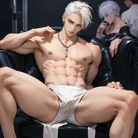 a naked demon boy , hair , Sexy , The cleavage is very attractive , Naked,Only white thongs were worn， sweat , big , big凸起 , spread legs , Looking from the bottom up ,  muscular ，Perfect body,