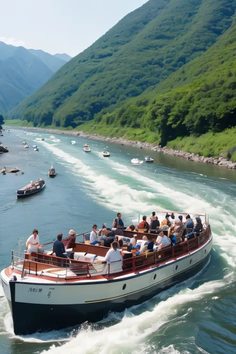 「Hozugawa River Cruise」teeth、This is a tourist activity where you can enjoy the beautiful scenery dotted with rapids and huge rocks.。夏teeth新緑、Close-up、Splash。