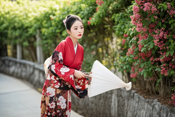 there is a woman in a kimono holding an umbrella, wearing kimono, wearing a kimono, japanese woman, elegant japanese woman, japanese kimono, in kimono, traditional japanese, of a youthful japanese girl, kimono, wearing a haori, traditional geisha clothing,...