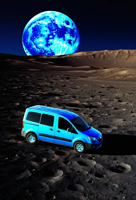 (The blue earth is in the sky:1.2),A van driving on the moon，The ground is desert，